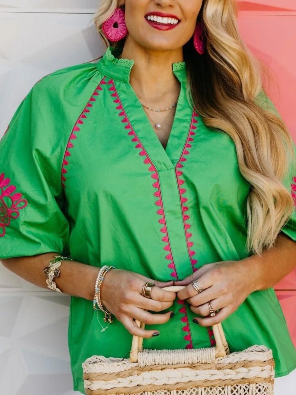 The Diego Embroidered Puff Sleeve Top by THML XS in Green - Picture 4 of 4